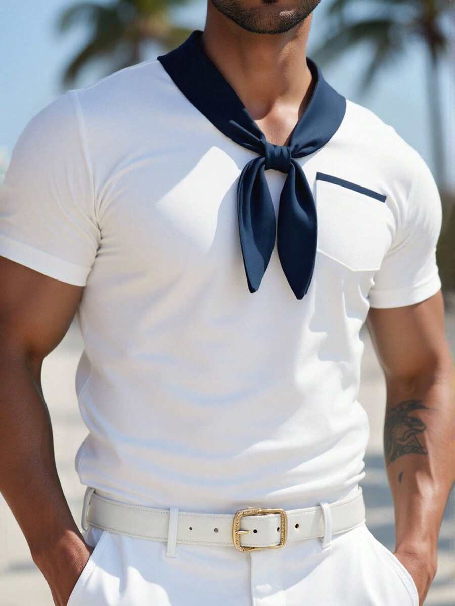 Manfinity Homme Men's Contrast Trim Pocket Twist Casual Short Sleeve Polo Shirt - White - View 1