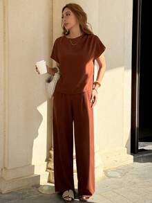 Chiquease Bộ đồ nữ màu nâu thanh lịch gồm 2 món, quần và áo màu nâu, thích hợp cho mùa xuân, hè, thu, đi làm, đi làm hàng ngày, mặc thường ngày. - màu nâu - Xem 4