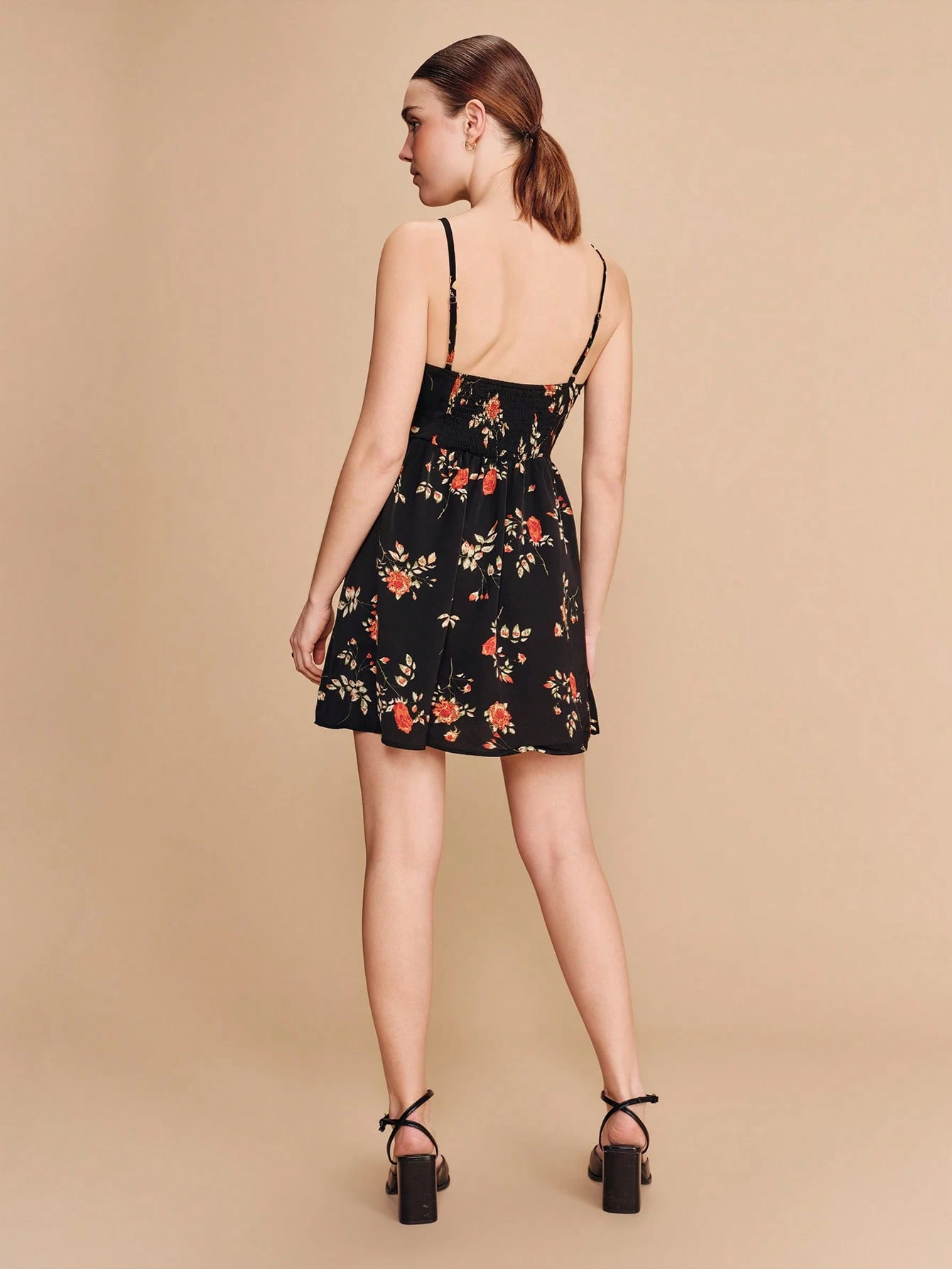 Black Floral Print Fitted Mini Dress With Oversized Front Bow Delicate Straps And Flared Hem Cute Vintage Spring Summer Dress French Style Parisian Style Vacation Outfit