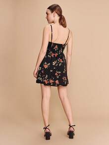 lacRébo Vestido mini ajustado con estampado floral negro, lazo frontal oversize, tirantes delicados y bajo acampanado. Vestido vintage lindo de estilo primaveral y veraniego, con estilo francés y parisino - Negro - Ver 2