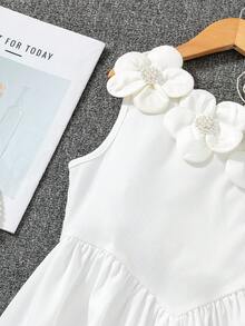 Tween Girls' Spaghetti Strap Dress,3D Floral Decor White Elegant Summer Vacation Holiday Birthday Party Fitted Ribbed Top Gentle Style Outfit - White - View 6