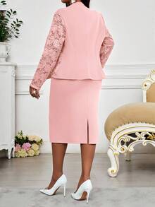 SHEIN Lady 两件套女士几何印花修身连衣裙搭配粉色纯色短泡泡袖粉色外套，夏季蕾丝西装粉色半身裙套装，两件套半身裙套装，女士办公室着装，女士半身裙套装，商务休闲半身裙套装，春夏优雅金色复古工作婚礼招待会情人节新年派对，女士商务休闲工作服，女士办公室着装，秋冬秋冬 - 粉色 - 查看 2