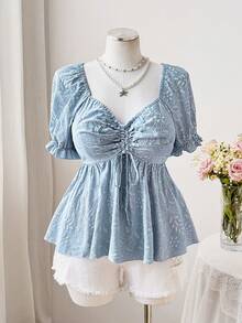 Flirla Plus Size Diamond Collar Puff Sleeve Faux Embroidery A-Line Drawstring Ruched Hem Short Sleeve Blouse - Baby Blue - View 6