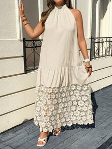 加大码无袖拼接连衣裙，杏色，花卉蕾丝饰边，适合度假和日常穿着 - 杏色 - 查看 6