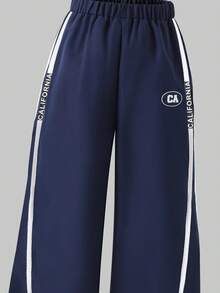 Casuvi Kids Loose Fit Navy Blue Casual Sports Pants For Tween Boywith Two White Stripes On Sides, "CALIFORNIA" Text, And Oval "CAx" Logo Graphic, Suitable For School, Sports, And Casual Weekends Kids Sports Wear - Navy Blue - View 4