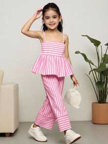 SHEIN Bộ đồ nữ sinh trẻ phong cách thường ngày, thích hợp cho kỳ nghỉ, đi học, đường phố: áo hai dây dáng chữ A phối họa tiết kẻ sọc và quần ống rộng phối họa tiết. - Hồng - Xem 10