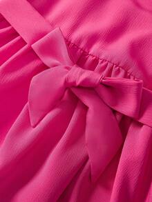 SHEIN 一件少女优雅绉纱连衣裙，配有可拆卸串珠蝴蝶结肩带和贴身腰带，适合休闲、派对和假日穿着。 - 玫紅色 - 查看 6