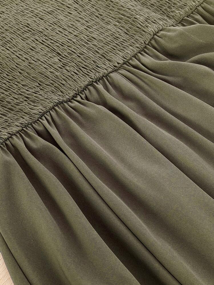 Whyspr Plus Size Army Green Short Sleeve Casual Minimalist Midi Dress, Suitable For Commuting - Army Green - View 7