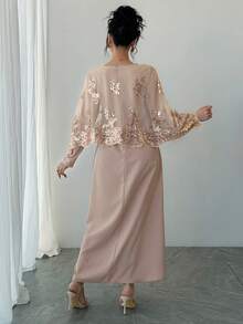 DAZY Women's Gold Foil Mesh Shawl And Round Neck Long Sleeve Dress Casual Daily Holiday Outfit - Pink - View 6