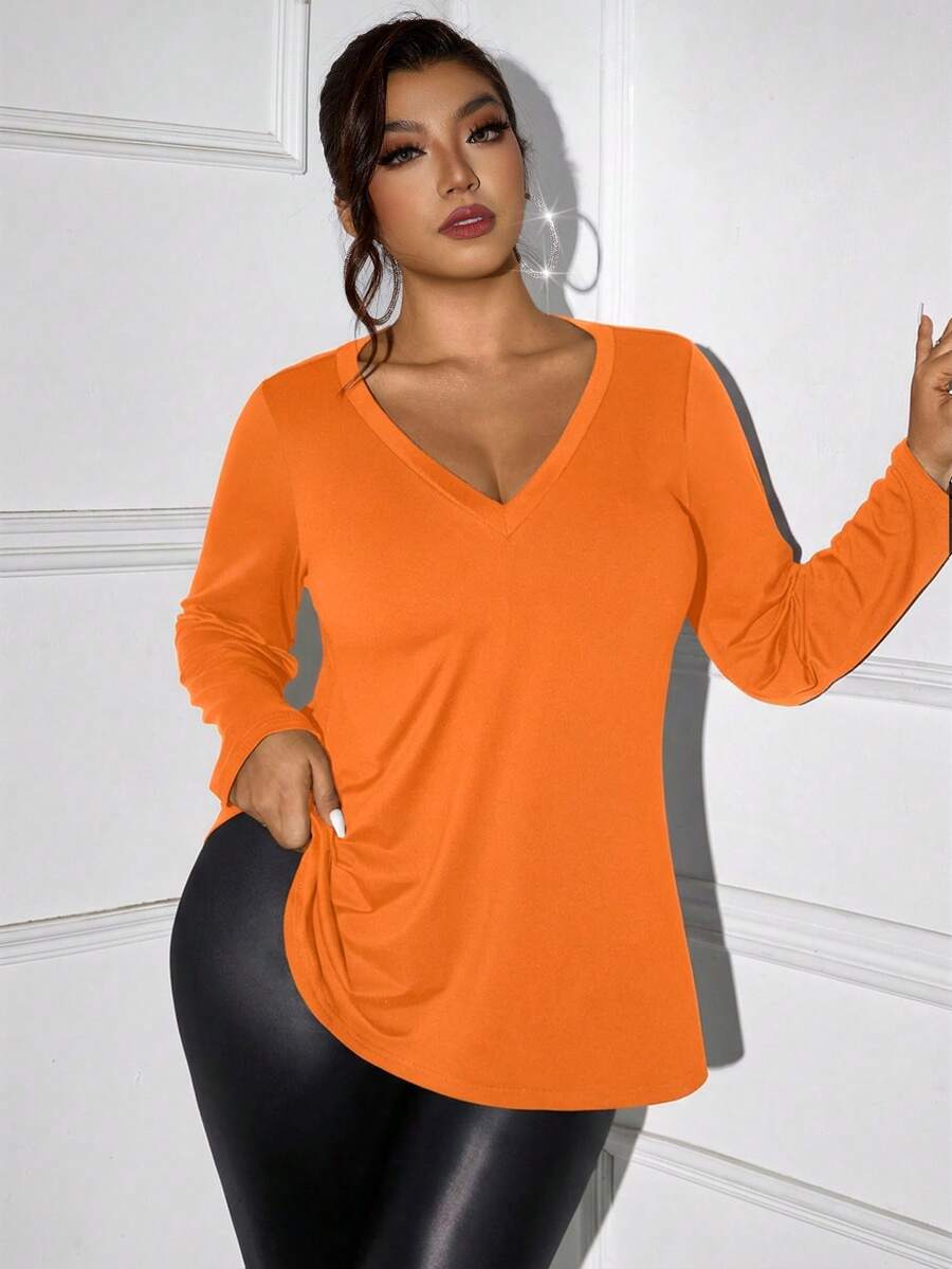 Femmeverse Áo thun dài tay cổ chữ V trơn, cỡ lớn, kiểu dáng thường ngày, thích hợp cho mùa xuân. - trái cam - Xem 1