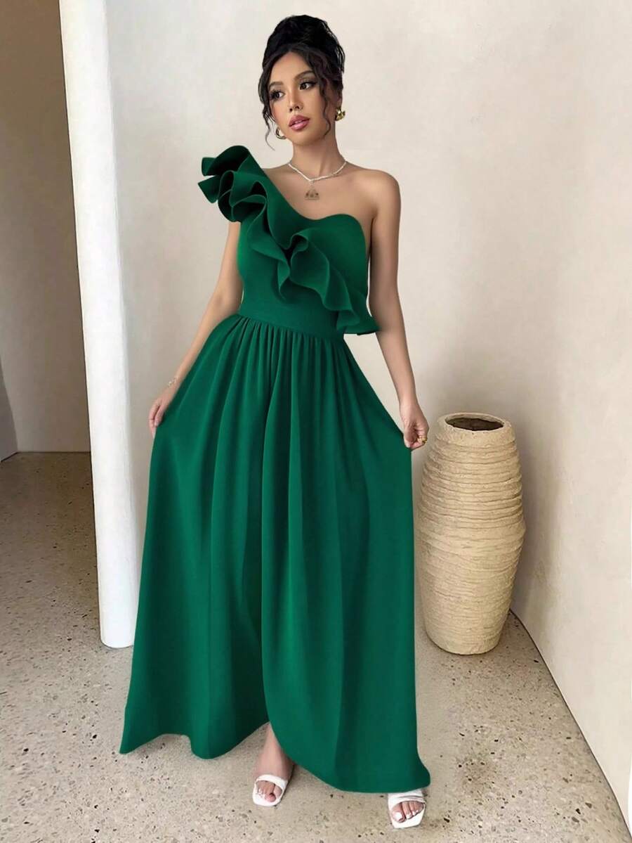KKMALL Dress With Asymmetrical Neckline And Leg Openness - Green - View 1