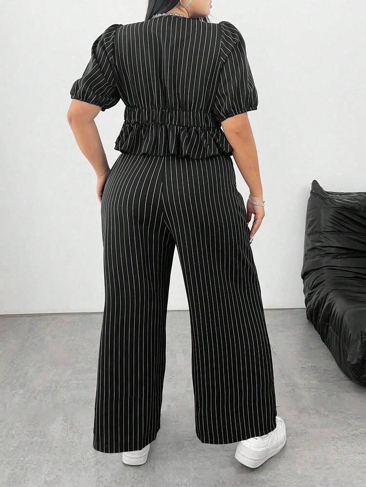 Set de 2 piezas Talla grande Blusa corta casual de escote en V de manga corta con lazo delantero y rayas y Pantalones rectos y relajados a juego - Negro - Añade 2