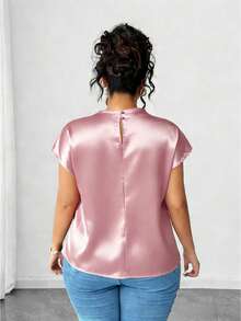 Elenzga Plus Size Women's Elegant Black Poplin Solid Color Shirt, Spring/Summer - Pink - View 2