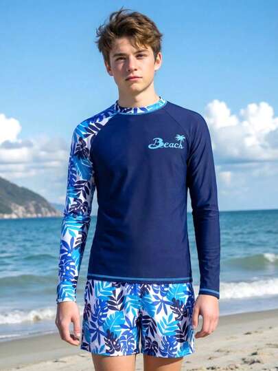SHEIN Conjunto de natación para niños - 2 piezas Pantalones cortos de natación y camiseta de protección solar UPF 50+ para niños y adolescentes (Tallas: 12-16)