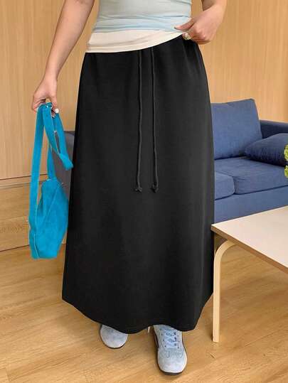 Dazy Plus Black Solid Color Fitted Long Tie-Waist Casual Versatile Skirt, Suitable For Spring And Summer