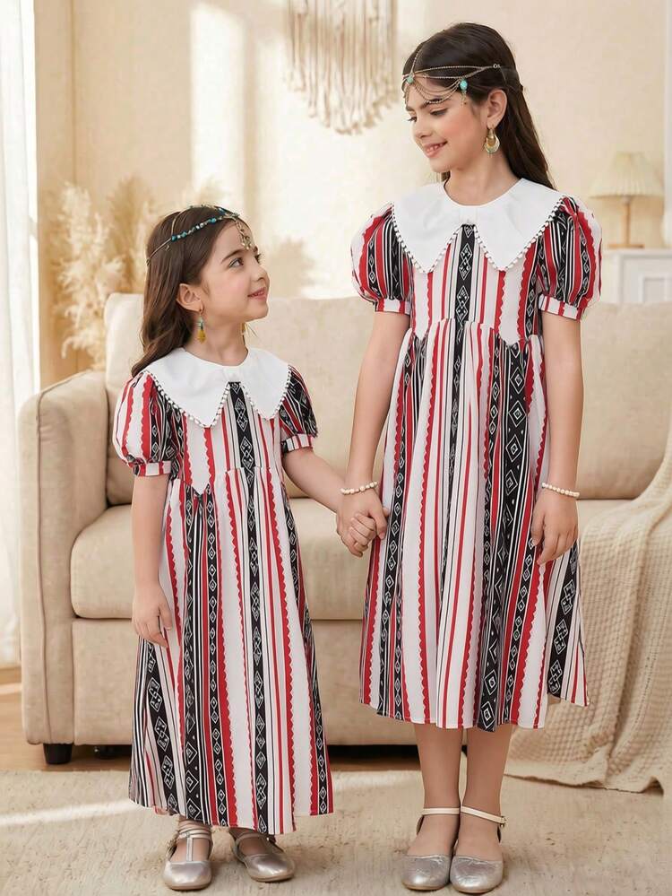 SHEIN 少女夏季假日几何条纹印花撞色泡泡袖收腰连衣裙 - 白色 - 查看 1