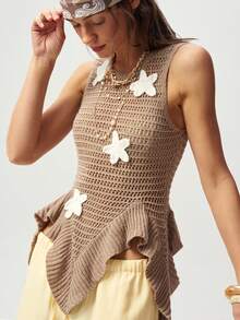 Bohemela Casual Asymmetric Hem Sleeveless Starfish Decor Knit Top, Summer - Khaki - View 5