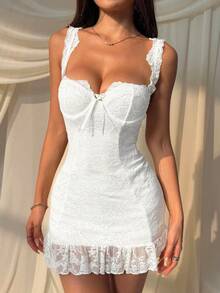 SHEIN EZwear 女士白色花卉蕾丝蝴蝶结装饰修身无袖迷你连衣裙，修身连衣裙 - 白色 - 查看 7