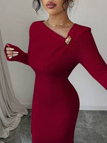 Bluhae 女士优雅纯色修身长连衣裙，秋冬款 - 紅色 - 查看 4