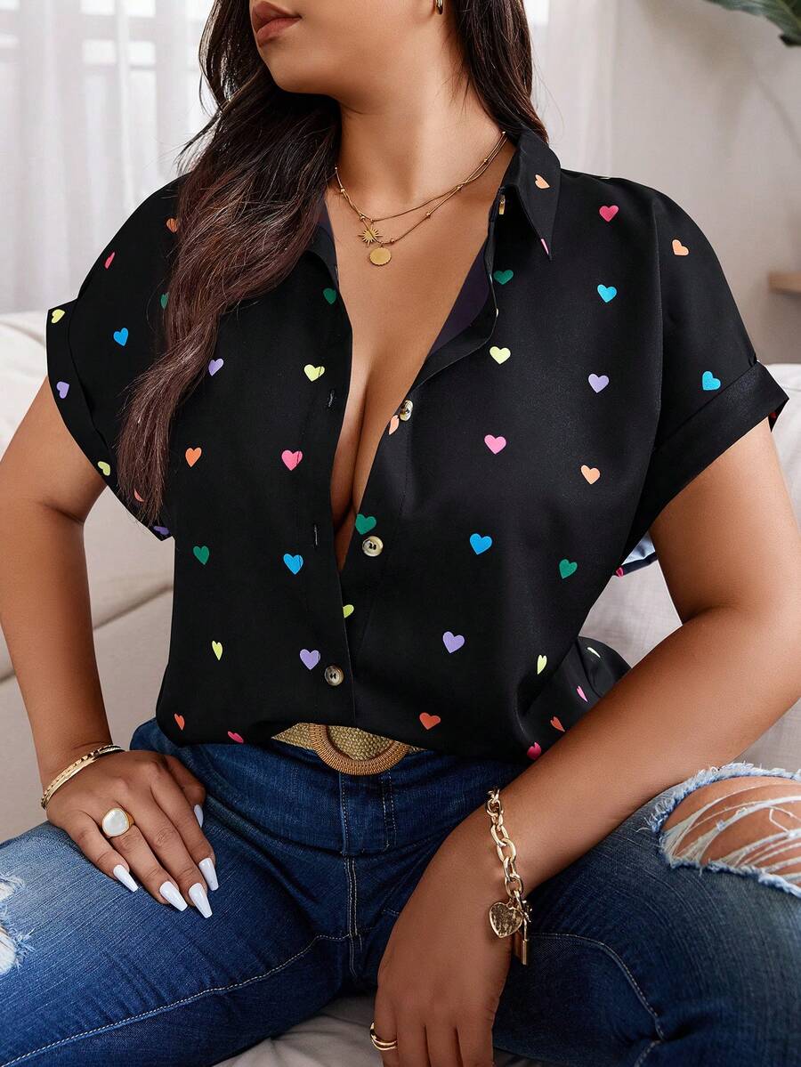 SHEIN LUNE Plus Size Summer Casual Random Heart Print Button-Front Shirt,Valentine - Black - View 1