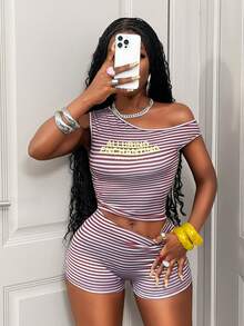 BamGleam Bộ đồ thường ngày dành cho nữ: Áo và quần short kẻ sọc lệch vai in chữ, thích hợp mặc đi chơi. - Đen và trắng - Xem 3