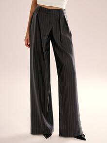 Avenya Women's Casual Everyday Office Commute Pleated Striped Print Loose Wide Leg Pants - Dark Grey - View 3