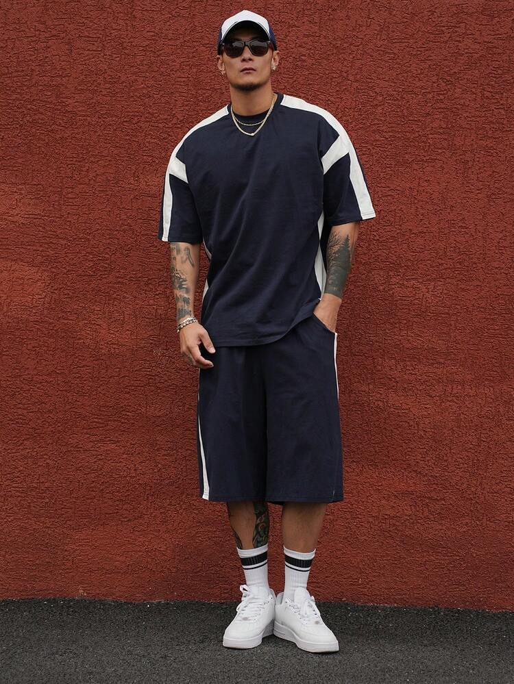 Men's Summer Patchwork Contrast Color Letter Print Short Sleeve T-Shirt And Shorts Set