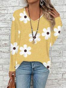 EMERY ROSE Camiseta holgada de manga larga con cuello en V y estampado floral para mujer de talla grande, casual de otoño - Amarillo - Ver 1