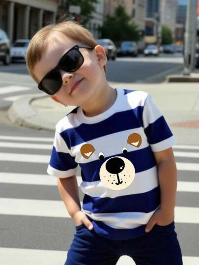 SHEIN Streecool Kids Conjunto de camiseta de manga corta de cuello redondo casual y cómoda para niño pequeño, diseño de estampado de oso y rayas, ajuste holgado, ideal para primavera/verano, ropa urbana, adecuado para picnic al aire libre, escuela, fiesta, regalo
