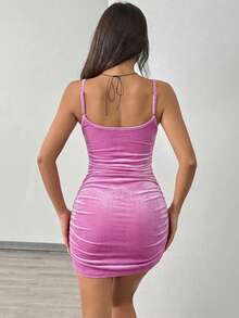 SHEIN EZwear 女士丝绒褶皱迷你连衣裙 - 粉色 - 查看 2