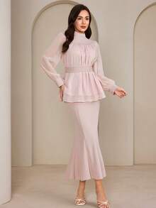 Graceveil 2pcs Women's Elegant High Collar Pleated Jewel Embellished Blouse Set Elegant Two Piece Set Tall Two Piece Set - Dusty Pink - View 3