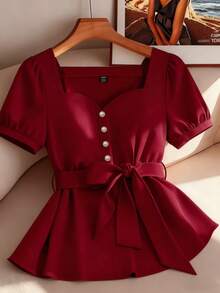 GlowEve CURVE 大码梭织优雅简约通勤女式衬衫 - 紅色 - 查看 1