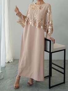 DAZY Women's Gold Foil Mesh Shawl And Round Neck Long Sleeve Dress Casual Daily Holiday Outfit - Pink - View 3