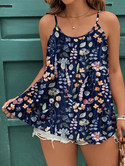 EMERY ROSE Vintage Watercolor Floral Casual Elegant Plus Size Camisole And Tank Top, Suitable For Summer Vacation,Flower/Spring