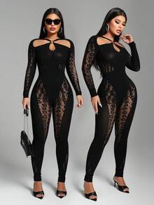 VaVaBold Fashionable Sexy Solid Color Hollow Out Skinny Jumpsuit Fall Cloth For Women - Black - View 8