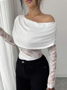 Elenzga Elegant Urban Chic New Women's White Lace Splice One-Shoulder Fitted Short Top, Suitable For Daily Wear, Weddings, Galas, Commuting, Graduation Parties, Holidays, Vacations, Dates, Parties, Halloween, Christmas, New Year, Thanksgiving, Weddings - White - View 5