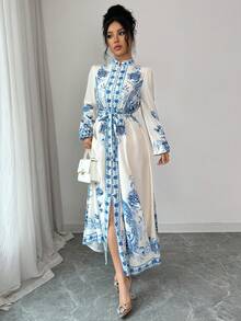 SHEIN Elenzya 女士春夏新款数码印花立领单排扣长袖弹力袖口弹力腰身褶皱连衣裙，优雅波西米亚风，适合日常休闲穿着 - 藍色 - 查看 5