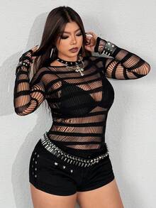 Whyspr 女士加大码性感镂空圆领修身长袖上衣 - 黑色 - 查看 2