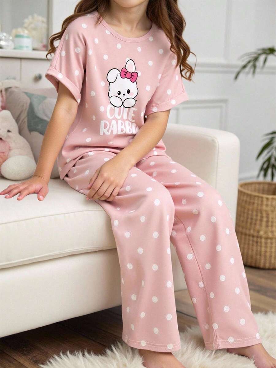Genkimix Kids 2pcs Cute Rabbit Polka Dot Print Short Sleeve Shorts Casual Sleepwear Set For Tween Girls - Pink - View 1