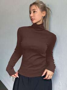DAZY 女士休闲纯色高领保暖内衬保暖 T 恤，百搭，秋冬学院风上衣长袖女上衣，秋季女装 - 咖啡棕 - 查看 3