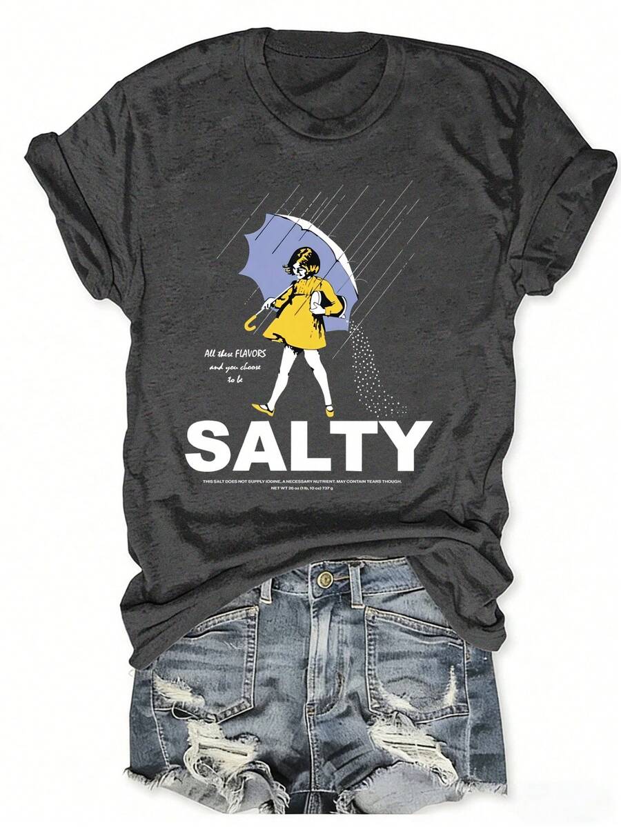 EMERY ROSE Áo thun in hình Salty và chiếc ô - Phong cách vintage, trang phục đi biển mùa hè dành cho nữ, hoàn hảo cho kỳ nghỉ và mặc hàng ngày, áo thun in hình Ed dành cho nữ, áo thun in hình dễ thương, áo thun Salty, áo thun hài hước, áo thun in hình ngộ nghĩnh dành cho nữ. - Màu xám đen - Xem 1