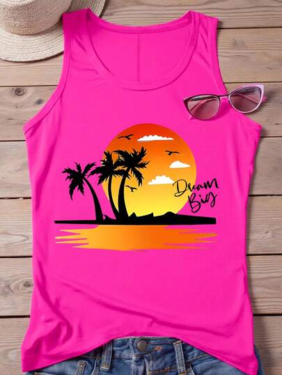 DrmWander Plusstorlek Dam Sommarsemester Palmträdstryck Camisole Topp