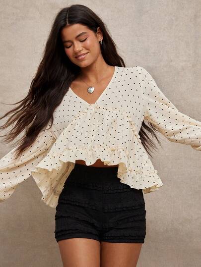 WESTFADE Polka Dot 100% Cotton Gauze V Neck Long Puff Sleeve Tiered Ruffle Babydoll Top Spring, Resort, Valentine's Day, Casual, Cute, Boho, Western Wear For Women