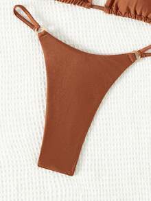SHEIN Swim Summer Beach Ring Linked Triangle Bra & Swim Bottom Bikini Set Bathing Suit - Rust Brown - View 4