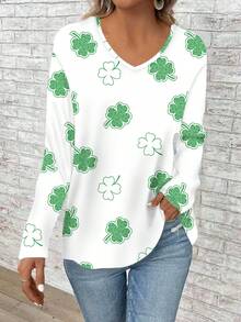 EMERY ROSE Áo thun dài tay cổ chữ V dáng rộng in hình cỏ ba lá xanh lãng mạn, thích hợp cho nữ cỡ lớn, phù hợp mùa xuân và mùa thu, màu trắng, quà tặng ngày Valentine, quà đi nghỉ mát. - Nhiều màu - Xem 4