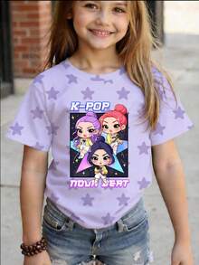 Young Girls' Letter & Cartoon Graphic Round Neck Short Sleeve T-Shirt, Ideal For K-Pop Fans And Everyday Wear, Purple Cute Tee For Young GirlSuitable For All Seasons Kids Shirt Girls Pop Pop Shirt Kids Kid Shirt Girl Shirts For Teens Girls Cartoon Kids Tops - White - View 4
