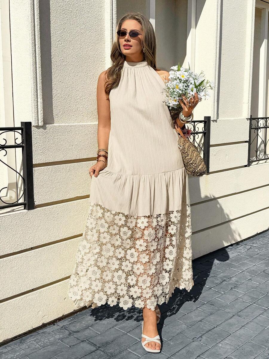 加大码无袖拼接连衣裙，杏色，花卉蕾丝饰边，适合度假和日常穿着 - 杏色 - 查看 1