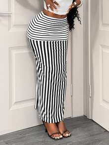 BamGleam Chân váy chữ A kẻ sọc nữ, kiểu dáng thường ngày, đa năng, thích hợp cho hẹn hò và đi chơi, đi nghỉ mát, phong cách boho, gợi cảm, kẻ caro trơn, kẻ sọc đen trắng, chân váy maxi kẻ sọc, chân váy kẻ sọc nữ, chân váy kẻ sọc - Đen và trắng - Xem 3