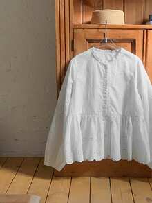 Dazy Kids Tween Girl Floral Embroidery Hollow Out Single-Breasted Long Sleeve Loose Smock Shirt - White - View 1