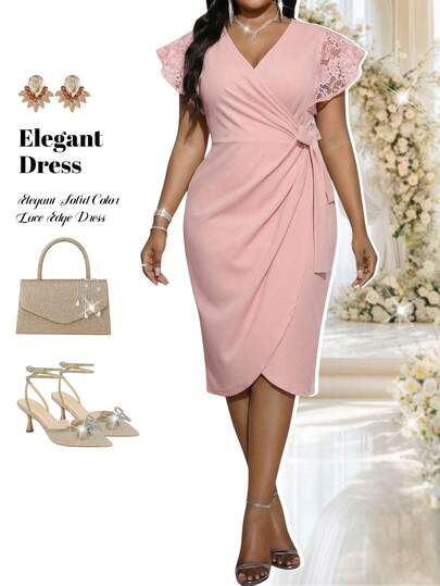 Fleurora Elegancka sukienka imprezowa w jednolitym kolorze z koronką i patchworkowym wiązaniem w dużym rozmiarze